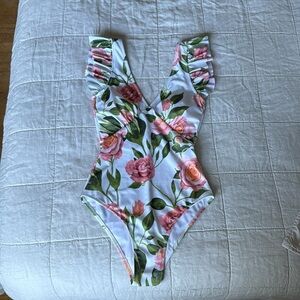 One-Piece Floral V-Neck Swimsuit with Flutter Sleeves